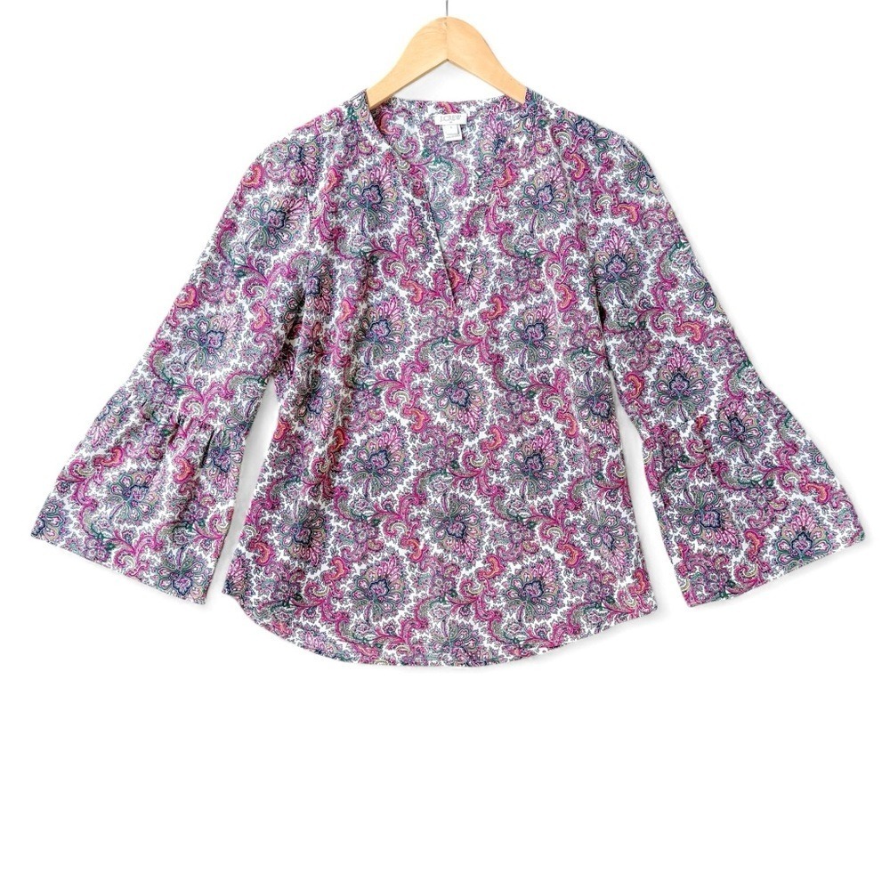J.Crew Factory Paisley Bell Sleeve Blouse Pink Multi Color Womens Small Boho Top